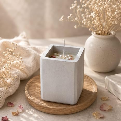 Broomoon Moonlit Pearl Aura Block Candle – Handcrafted Decorative Soy Wax Candle with Dried Flowers & Pearl Embellishments in Chic Concrete Jar