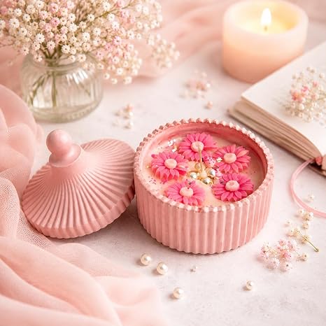 Broomoon Pink Blossom Pearl Candle– Handmade Decorative Floral Soy Wax Candle with Ceramic Lid, Luxury Home Décor & Gift for Special Occasions