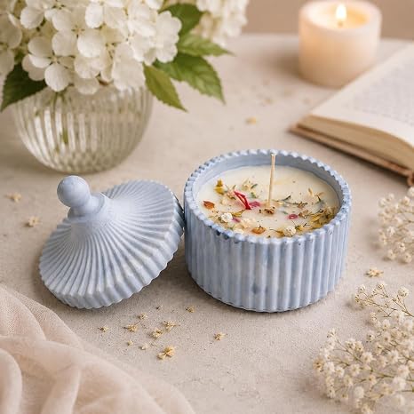 Broomoon Blue Meadow Amber Jar Candle – Handmade Decorative Floral Soy Wax Candle with Ceramic Lid, Luxury Home Décor & Gift for Special Occasions