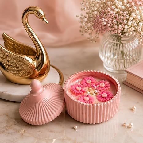 Broomoon Pink Blossom Pearl Candle– Handmade Decorative Floral Soy Wax Candle with Ceramic Lid, Luxury Home Décor & Gift for Special Occasions