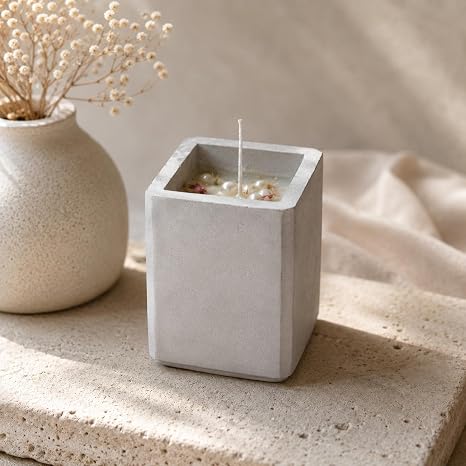 Broomoon Moonlit Pearl Aura Block Candle – Handcrafted Decorative Soy Wax Candle with Dried Flowers & Pearl Embellishments in Chic Concrete Jar