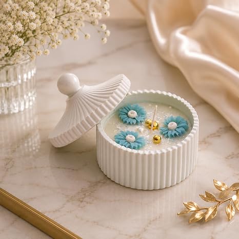 Broomoon Sky Blue Blossom Jar Candle – Handmade Decorative Floral Soy Wax Candle with Ceramic Lid, Luxury Home Décor & Gift for Birthdays, Weddings, Housewarming & Special Occasions