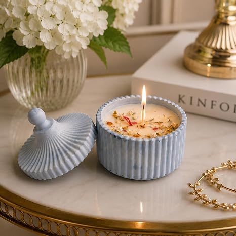 Broomoon Blue Meadow Amber Jar Candle – Handmade Decorative Floral Soy Wax Candle with Ceramic Lid, Luxury Home Décor & Gift for Special Occasions