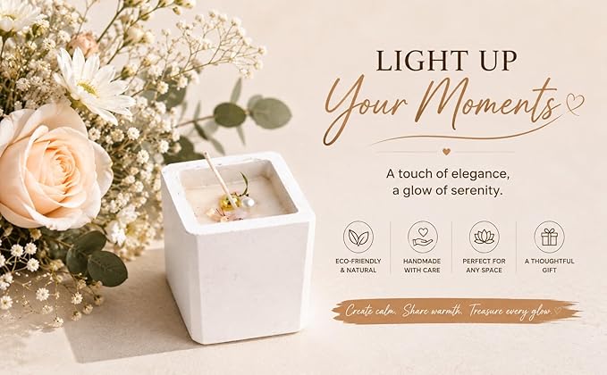Broomoon Ivory Serenity Aura Block Candle – Artisan Decorative Soy Wax Candle for Modern Homes & Cozy Ambience