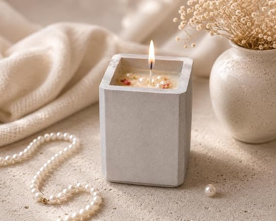 Broomoon Moonlit Pearl Aura Block Candle – Handcrafted Decorative Soy Wax Candle with Dried Flowers & Pearl Embellishments in Chic Concrete Jar