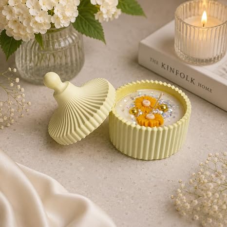 Broomoon Sunlit Blossom Amber Jar Candle– Handmade Decorative Floral Soy Wax Candle with Ceramic Lid, Luxury Home Décor & Gift for Special Occasions