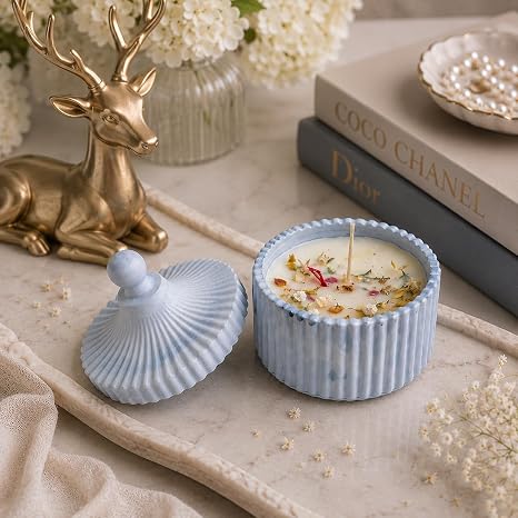 Broomoon Blue Meadow Amber Jar Candle – Handmade Decorative Floral Soy Wax Candle with Ceramic Lid, Luxury Home Décor & Gift for Special Occasions