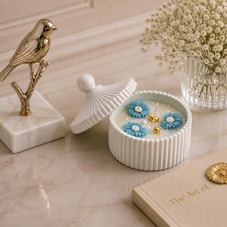 Broomoon Sky Blue Blossom Jar Candle – Handmade Decorative Floral Soy Wax Candle with Ceramic Lid, Luxury Home Décor & Gift for Birthdays, Weddings, Housewarming & Special Occasions