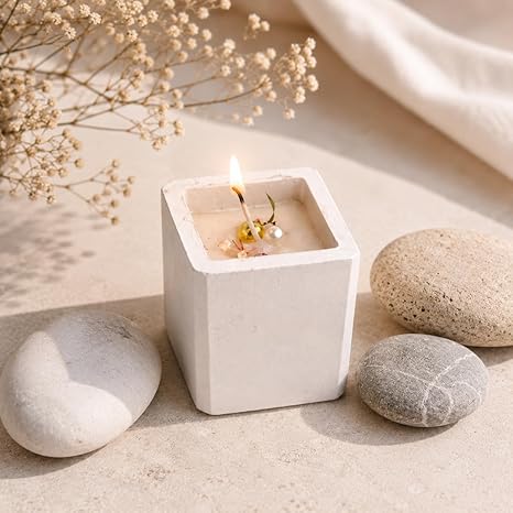 Broomoon Ivory Serenity Aura Block Candle – Artisan Decorative Soy Wax Candle for Modern Homes & Cozy Ambience