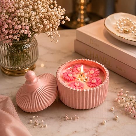 Broomoon Pink Blossom Pearl Candle– Handmade Decorative Floral Soy Wax Candle with Ceramic Lid, Luxury Home Décor & Gift for Special Occasions