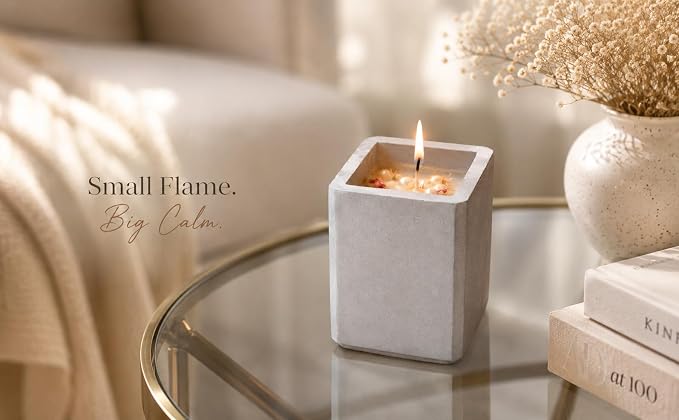 Broomoon Moonlit Pearl Aura Block Candle – Handcrafted Decorative Soy Wax Candle with Dried Flowers & Pearl Embellishments in Chic Concrete Jar