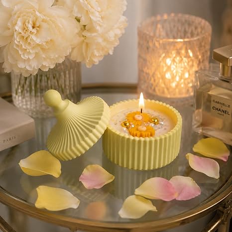 Broomoon Sunlit Blossom Amber Jar Candle– Handmade Decorative Floral Soy Wax Candle with Ceramic Lid, Luxury Home Décor & Gift for Special Occasions