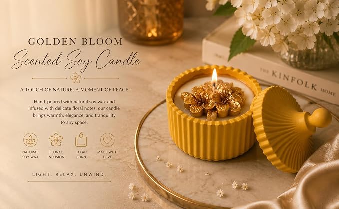 Broomoon Golden Bloom Scented Soy Candle – Handmade Decorative Floral Soy Wax Candle with Ceramic Lid, Luxury Home Décor & Gift for Special Occasions