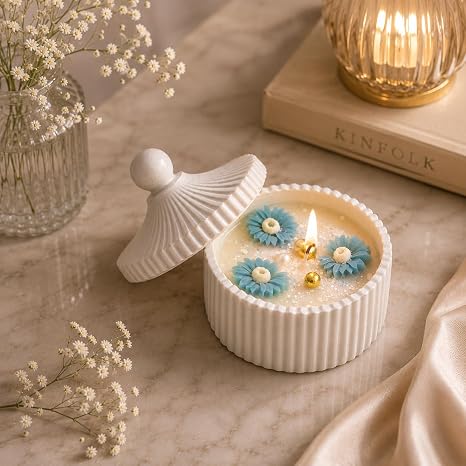 Broomoon Sky Blue Blossom Jar Candle – Handmade Decorative Floral Soy Wax Candle with Ceramic Lid, Luxury Home Décor & Gift for Birthdays, Weddings, Housewarming & Special Occasions