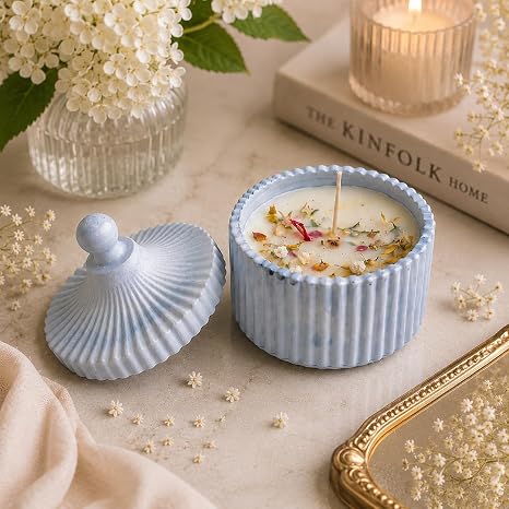 Broomoon Blue Meadow Amber Jar Candle – Handmade Decorative Floral Soy Wax Candle with Ceramic Lid, Luxury Home Décor & Gift for Special Occasions