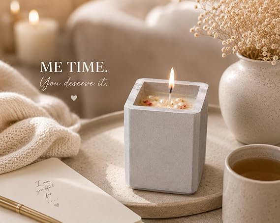 Broomoon Moonlit Pearl Aura Block Candle – Handcrafted Decorative Soy Wax Candle with Dried Flowers & Pearl Embellishments in Chic Concrete Jar