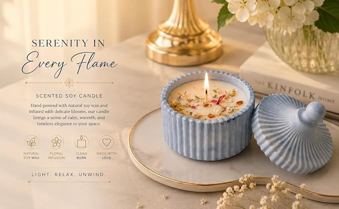 Broomoon Blue Meadow Amber Jar Candle – Handmade Decorative Floral Soy Wax Candle with Ceramic Lid, Luxury Home Décor & Gift for Special Occasions