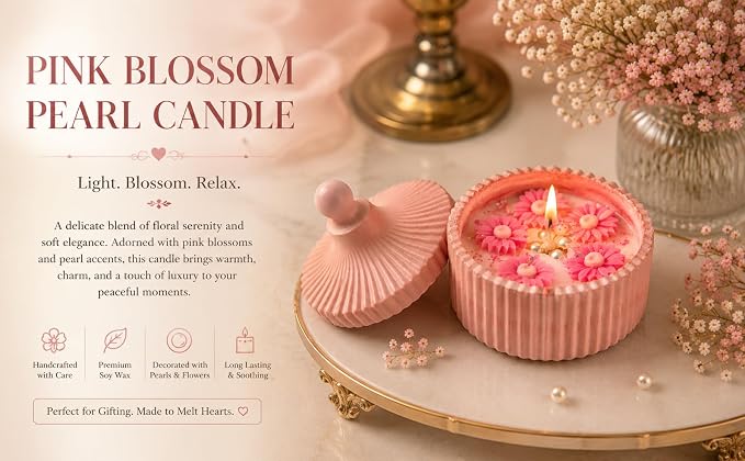 Broomoon Pink Blossom Pearl Candle– Handmade Decorative Floral Soy Wax Candle with Ceramic Lid, Luxury Home Décor & Gift for Special Occasions