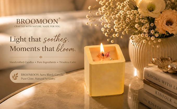 Broomoon Golden Serenity Aura Block Candle – Premium Aesthetic Candle for Self-Care & Modern Home Styling