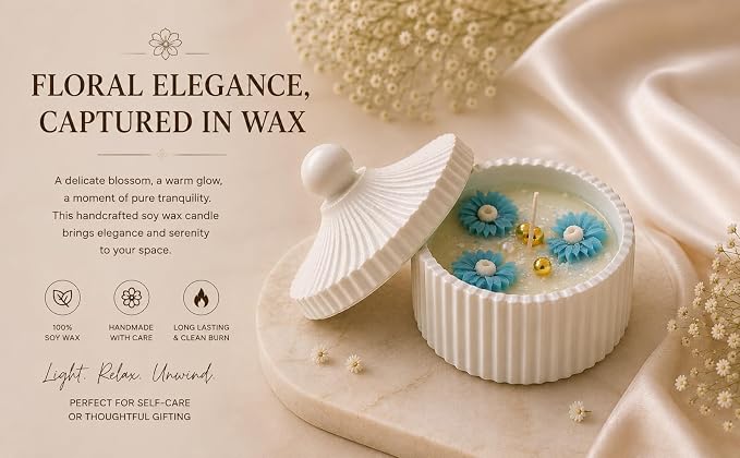 Broomoon Sky Blue Blossom Jar Candle – Handmade Decorative Floral Soy Wax Candle with Ceramic Lid, Luxury Home Décor & Gift for Birthdays, Weddings, Housewarming & Special Occasions