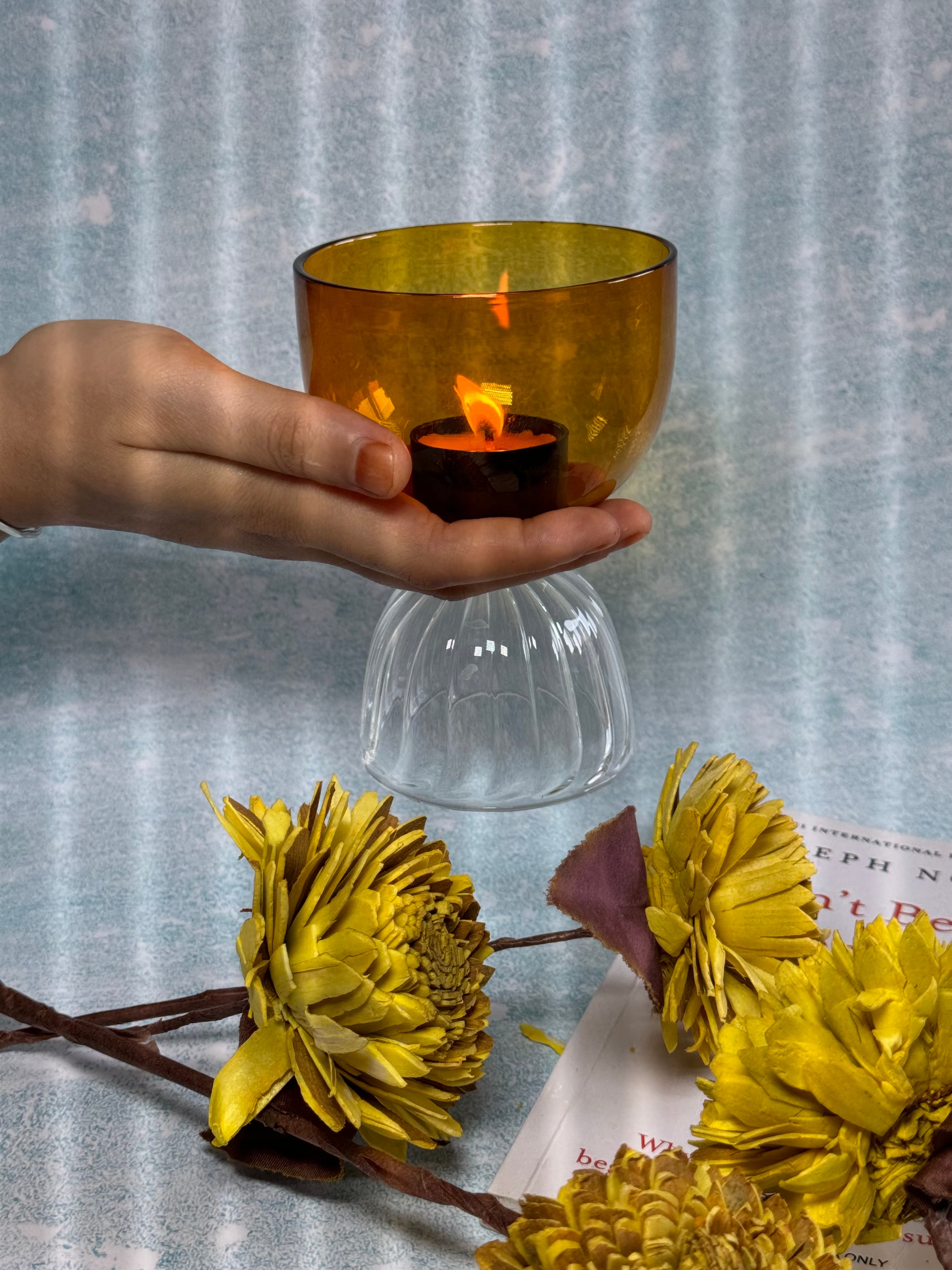 Amber Glass Pedestal Candle – Luxury Vintage-Inspired Decorative Candle