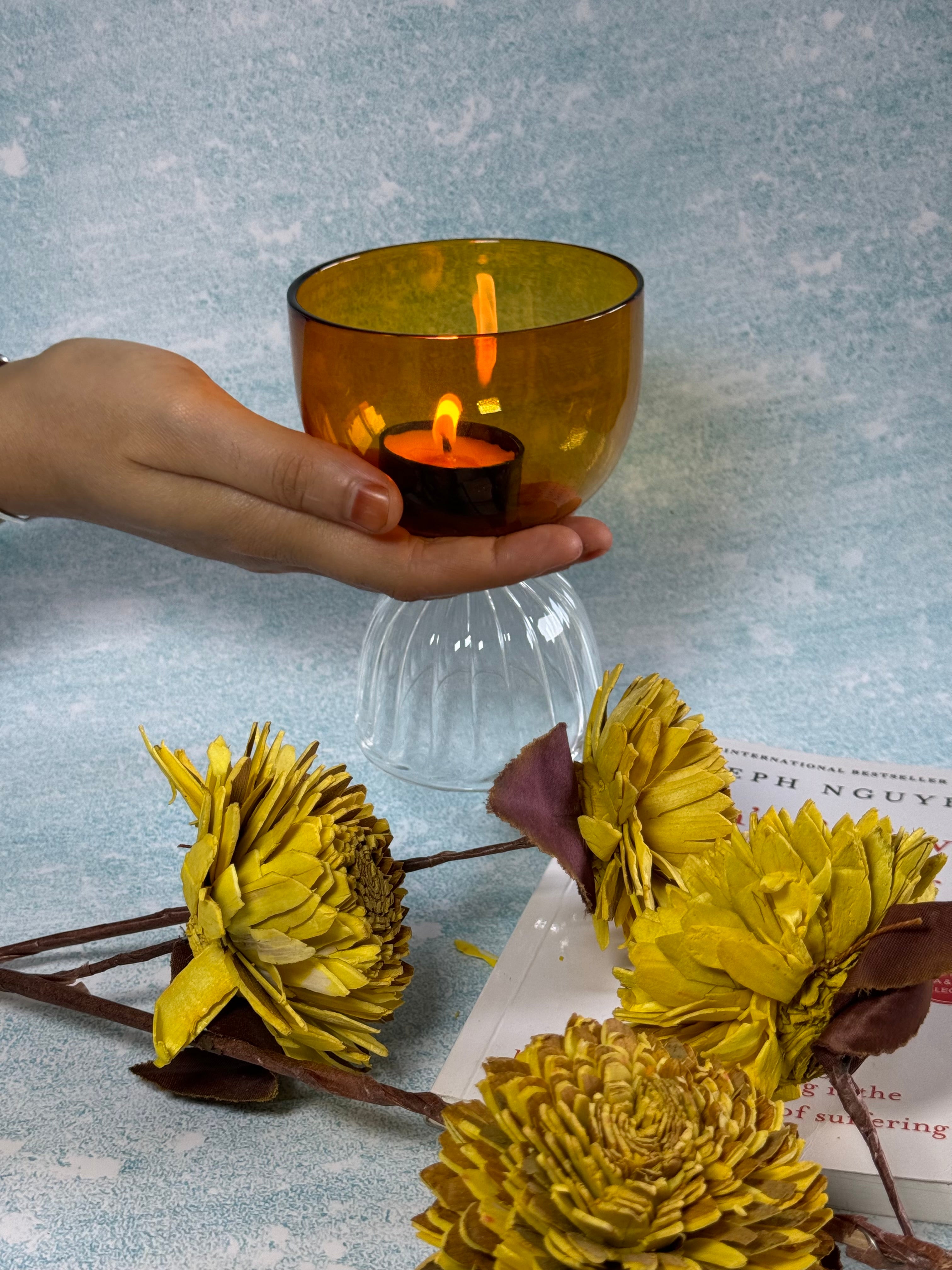 Amber Glass Pedestal Candle – Luxury Vintage-Inspired Decorative Candle