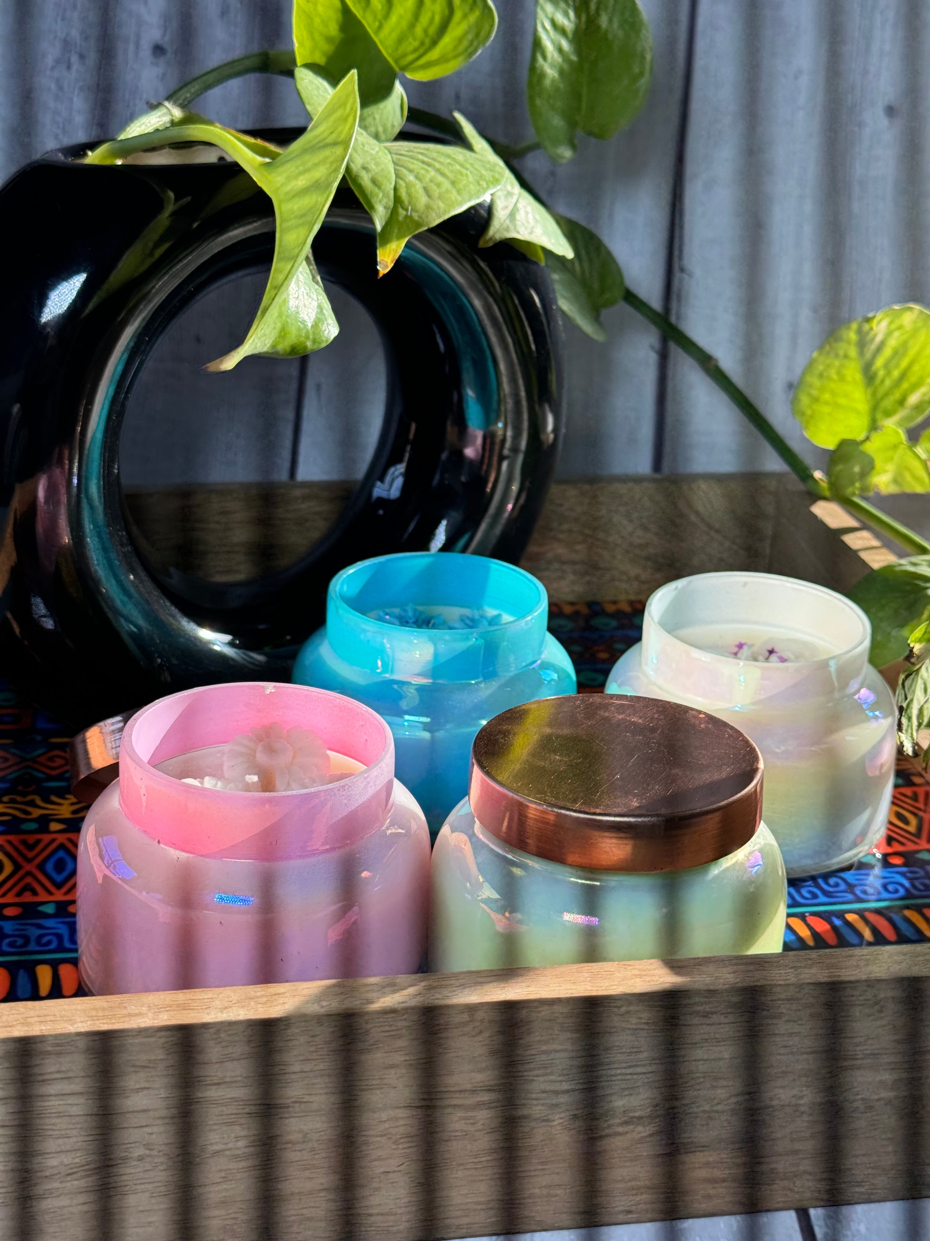 Luxury Iridescent Glass Soy Wax Candle – Handmade Decorative Jar Candle with Rose Wax Design
