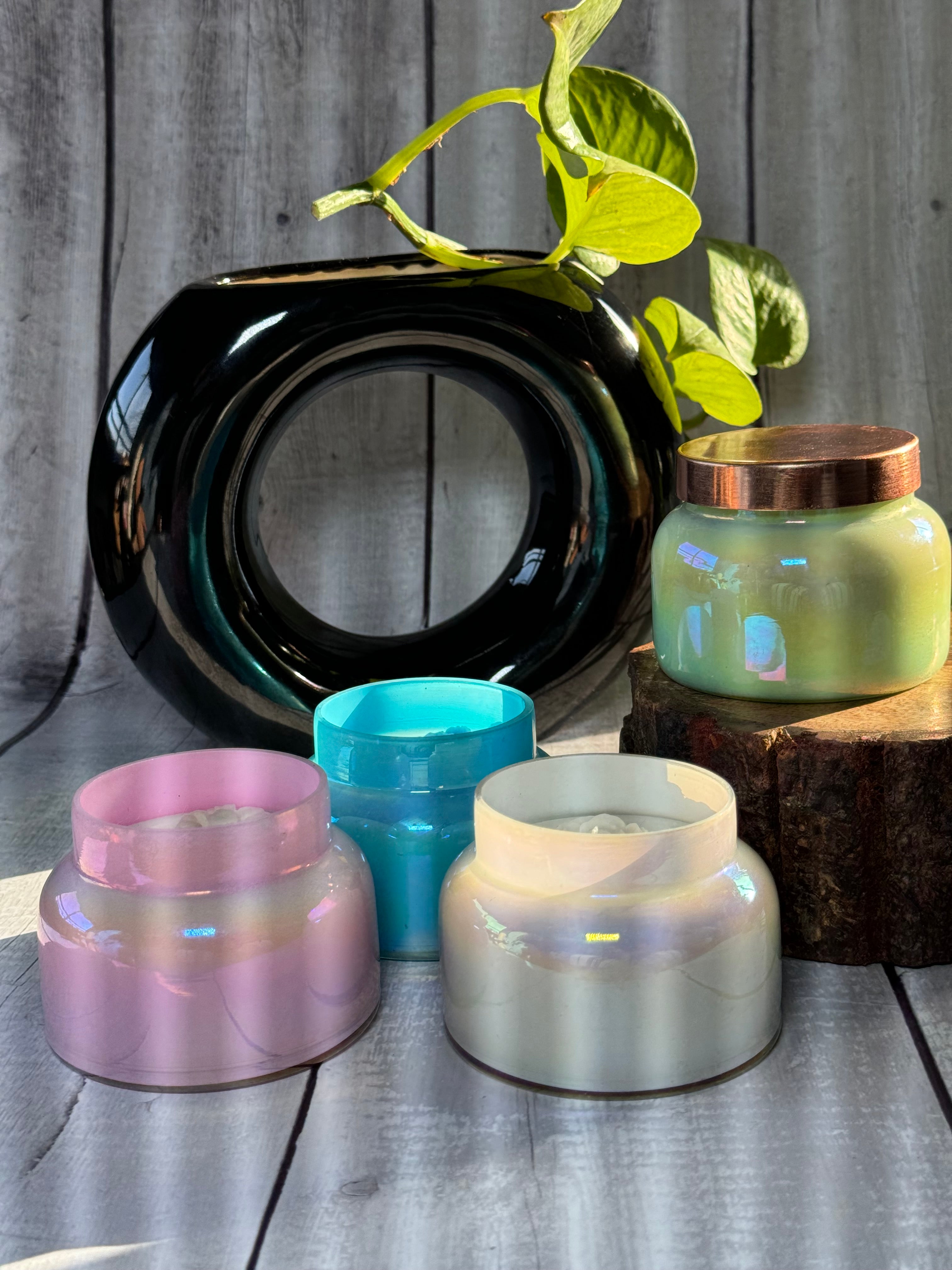 Luxury Iridescent Glass Soy Wax Candle – Handmade Decorative Jar Candle with Rose Wax Design
