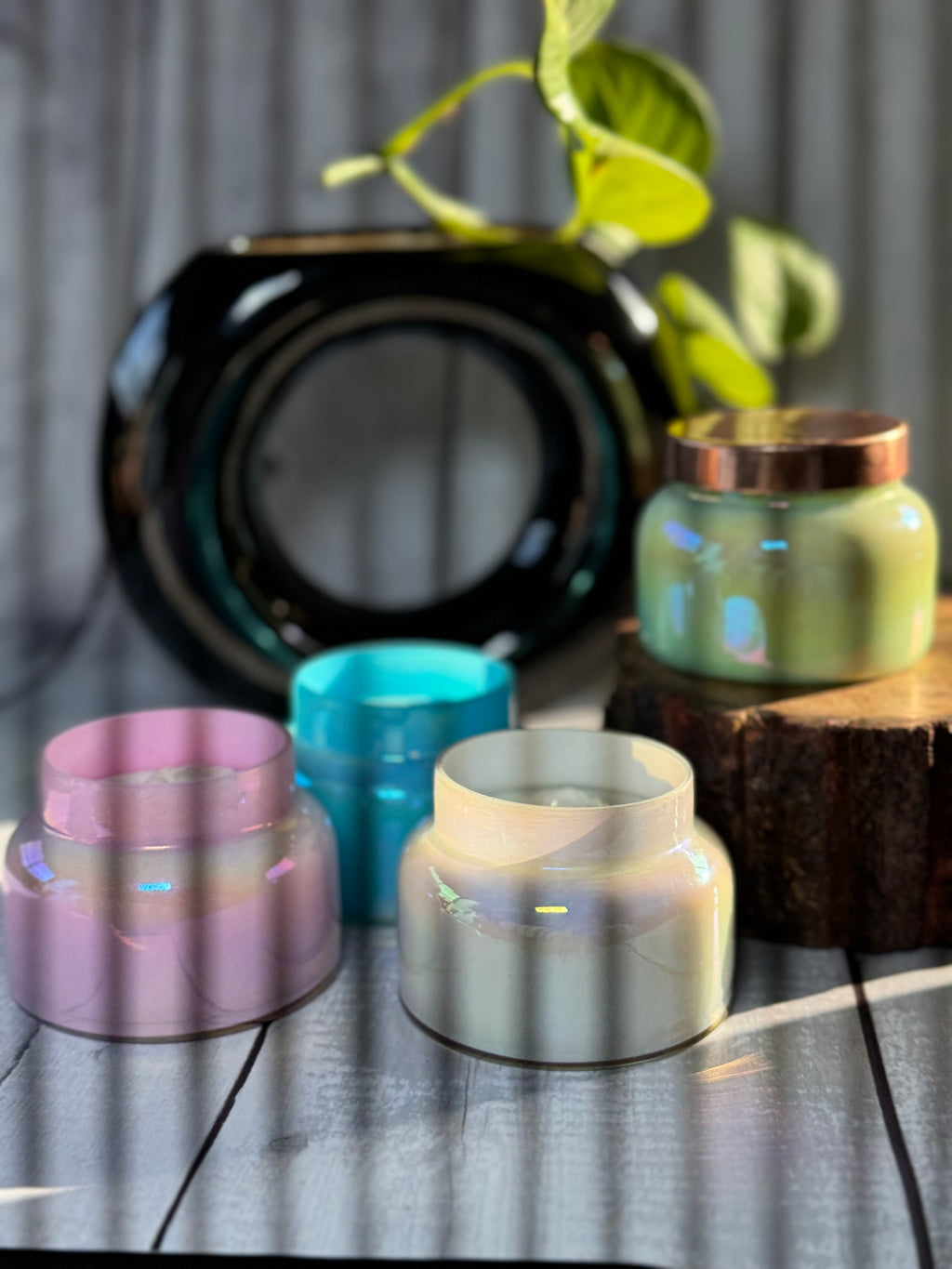 Luxury Iridescent Glass Soy Wax Candle – Handmade Decorative Jar Candle with Rose Wax Design
