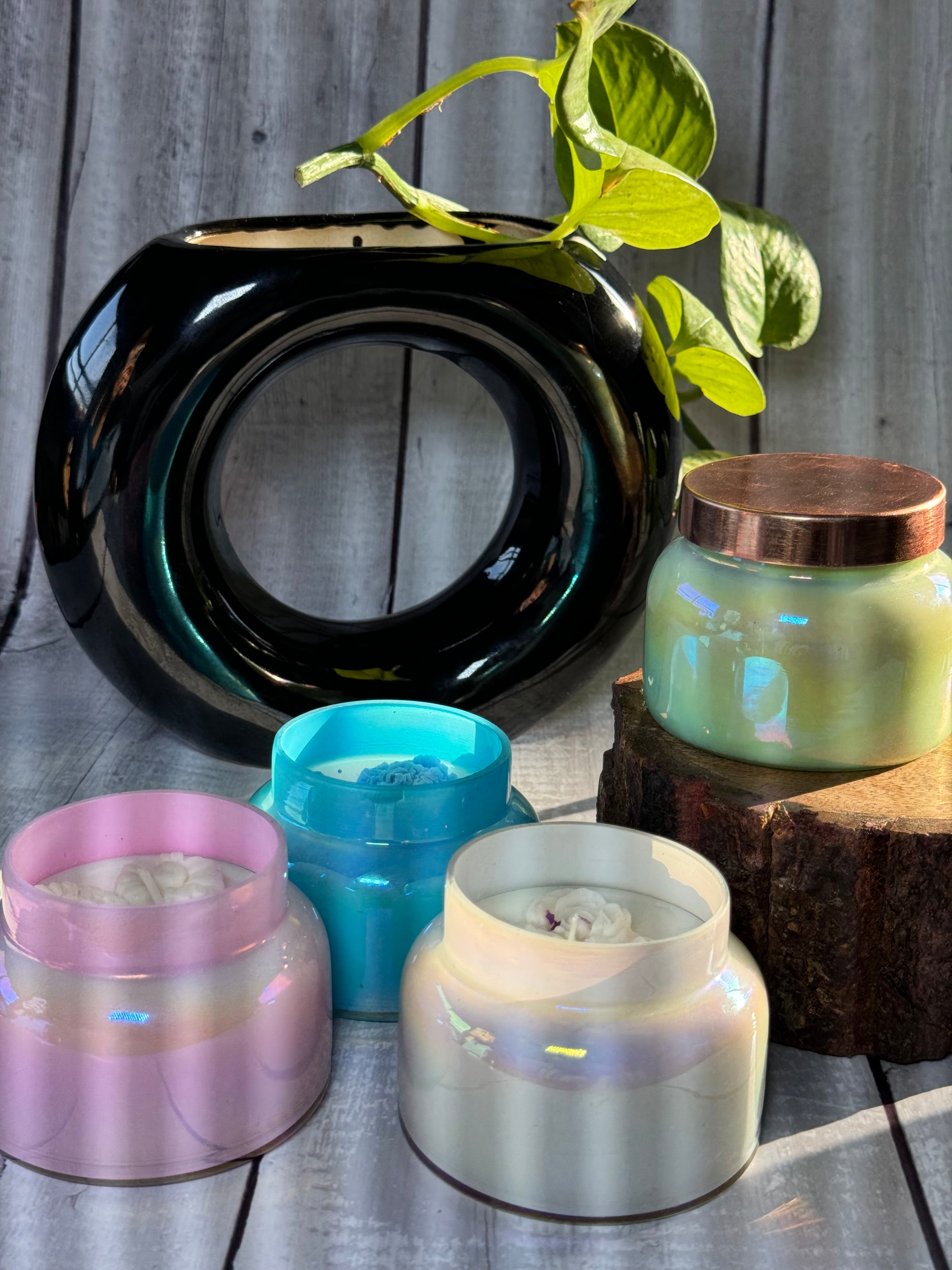 Luxury Iridescent Glass Soy Wax Candle – Handmade Decorative Jar Candle with Rose Wax Design