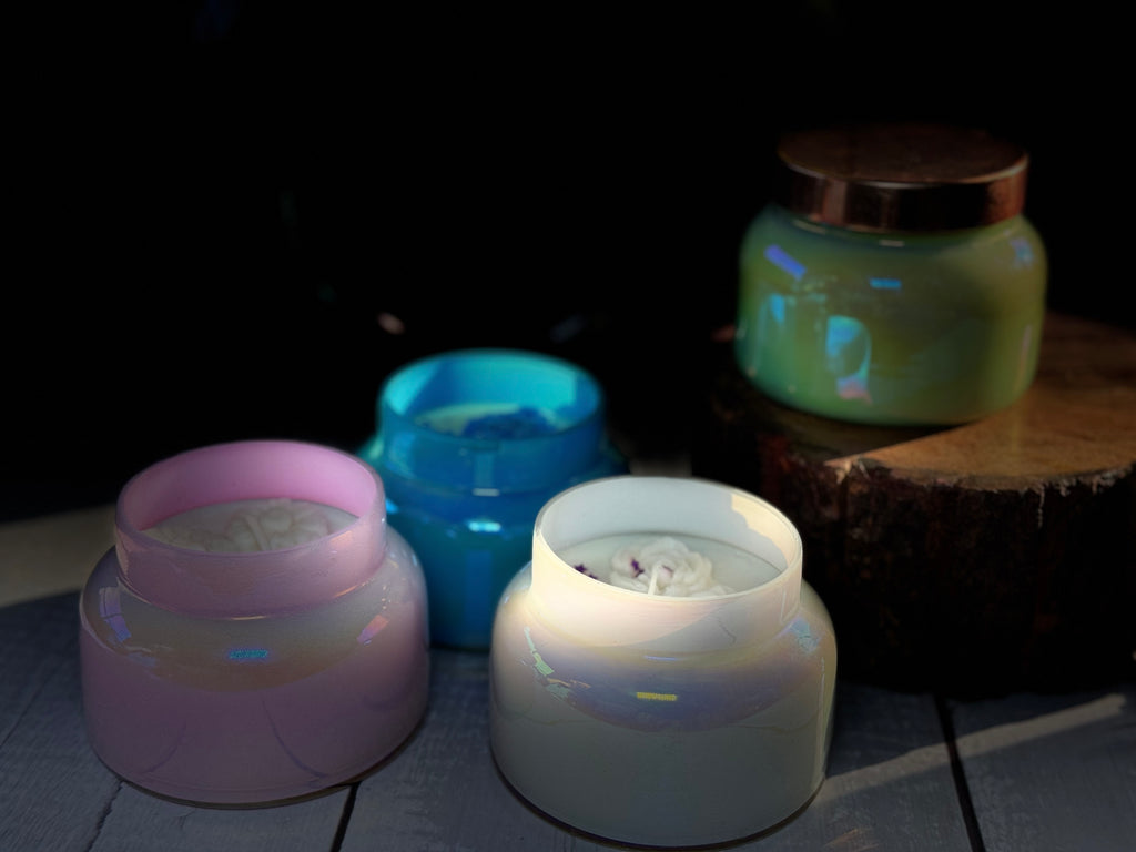 Luxury Iridescent Glass Soy Wax Candle – Handmade Decorative Jar Candle with Rose Wax Design