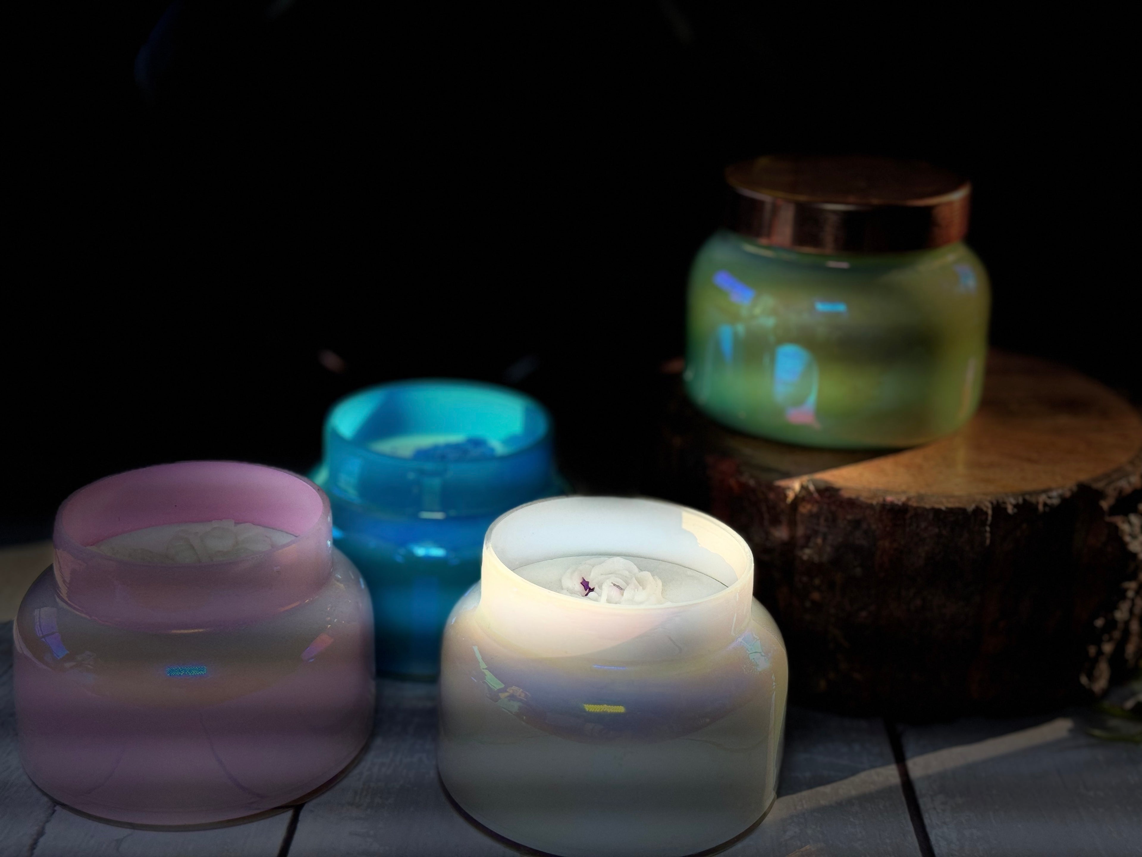 Luxury Iridescent Glass Soy Wax Candle – Handmade Decorative Jar Candle with Rose Wax Design