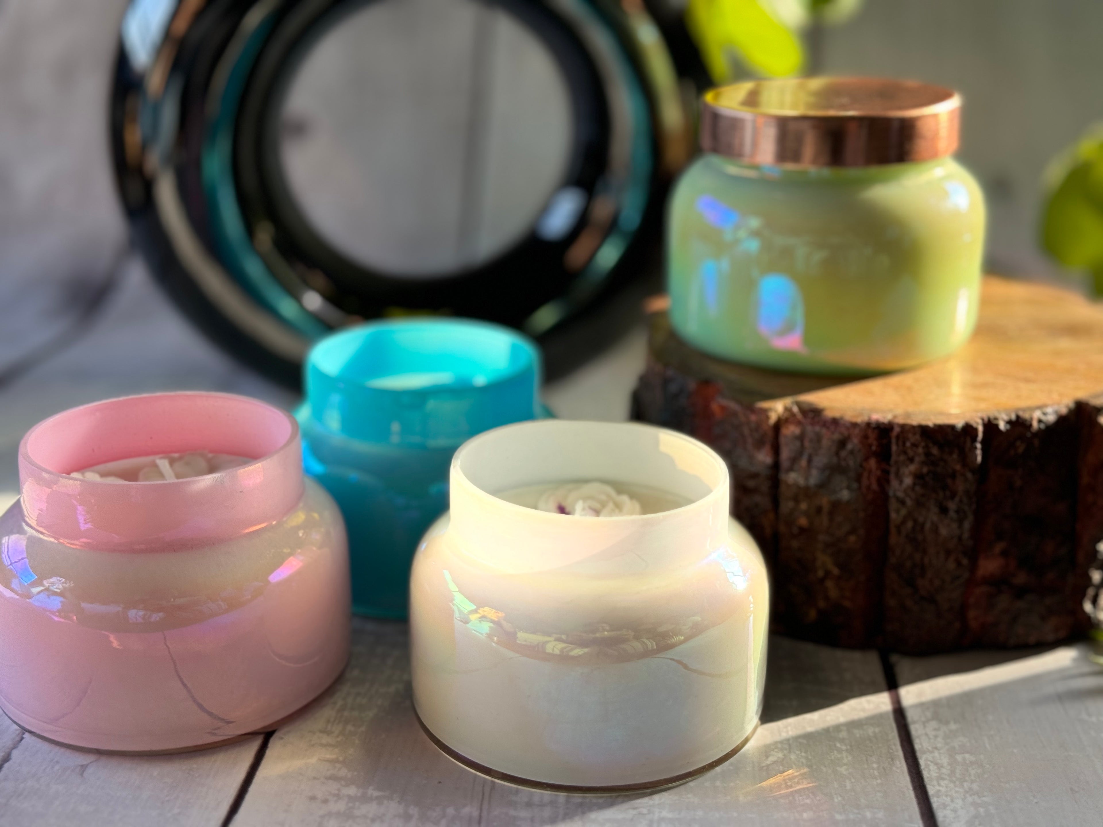 Luxury Iridescent Glass Soy Wax Candle – Handmade Decorative Jar Candle with Rose Wax Design