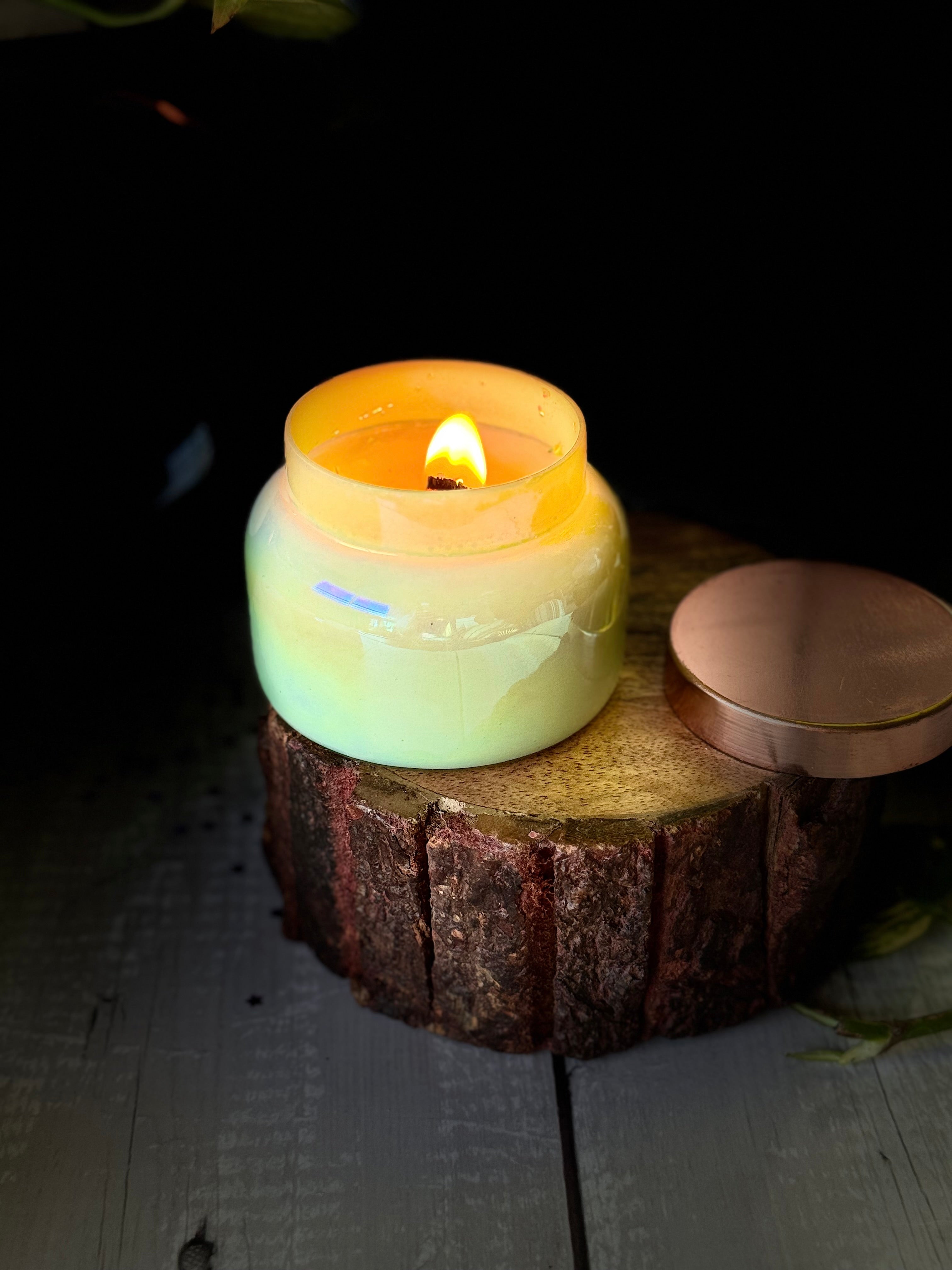 Luxury Iridescent Glass Soy Wax Candle – Handmade Decorative Jar Candle with Rose Wax Design
