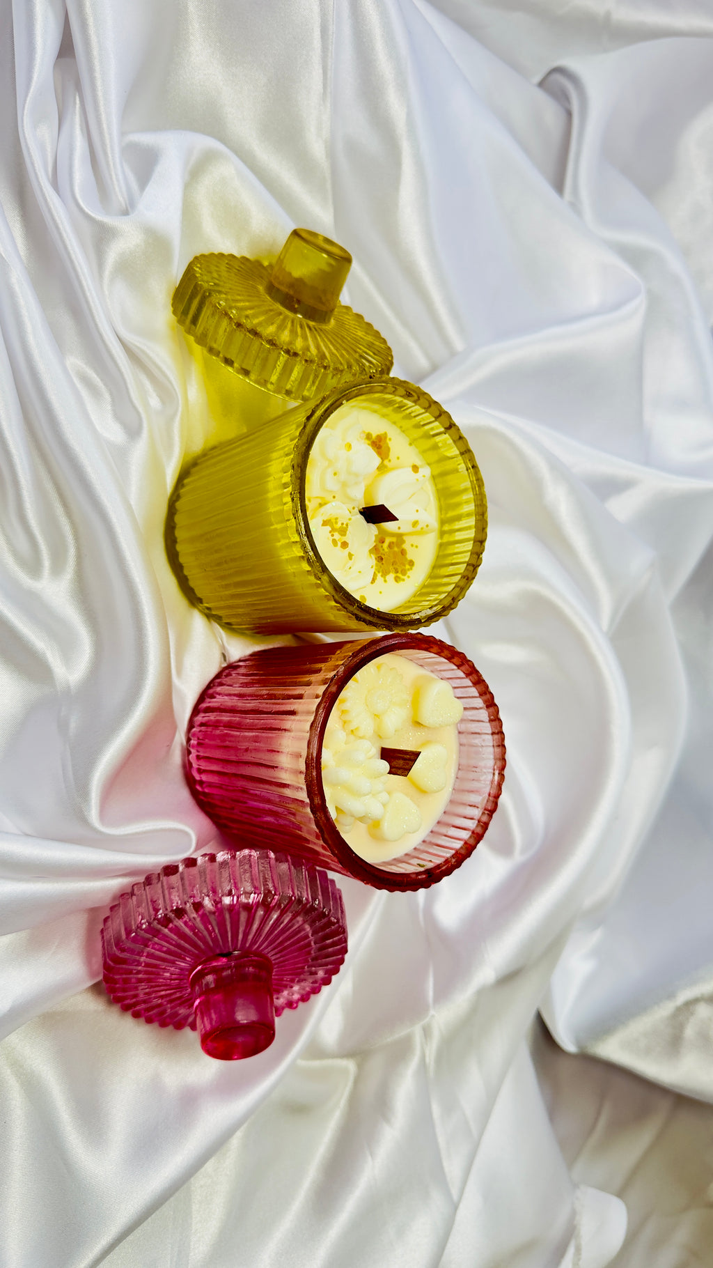 Luxury Ribbed Glass Scented Candle with Lid – Premium Soy Wax Jar Candle (Yellow & Pink Edition)