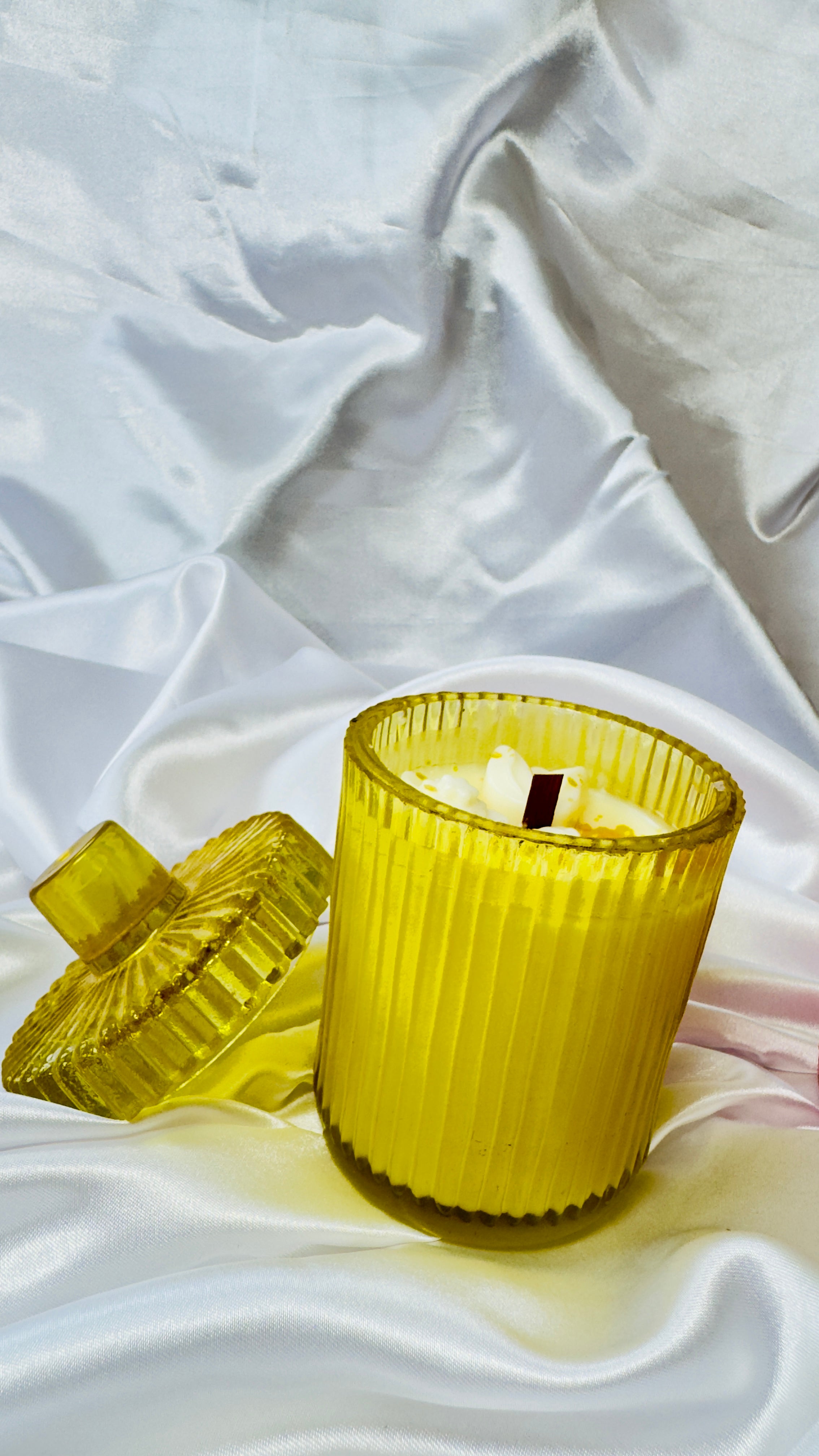 Luxury Ribbed Glass Scented Candle with Lid – Premium Soy Wax Jar Candle (Yellow & Pink Edition)